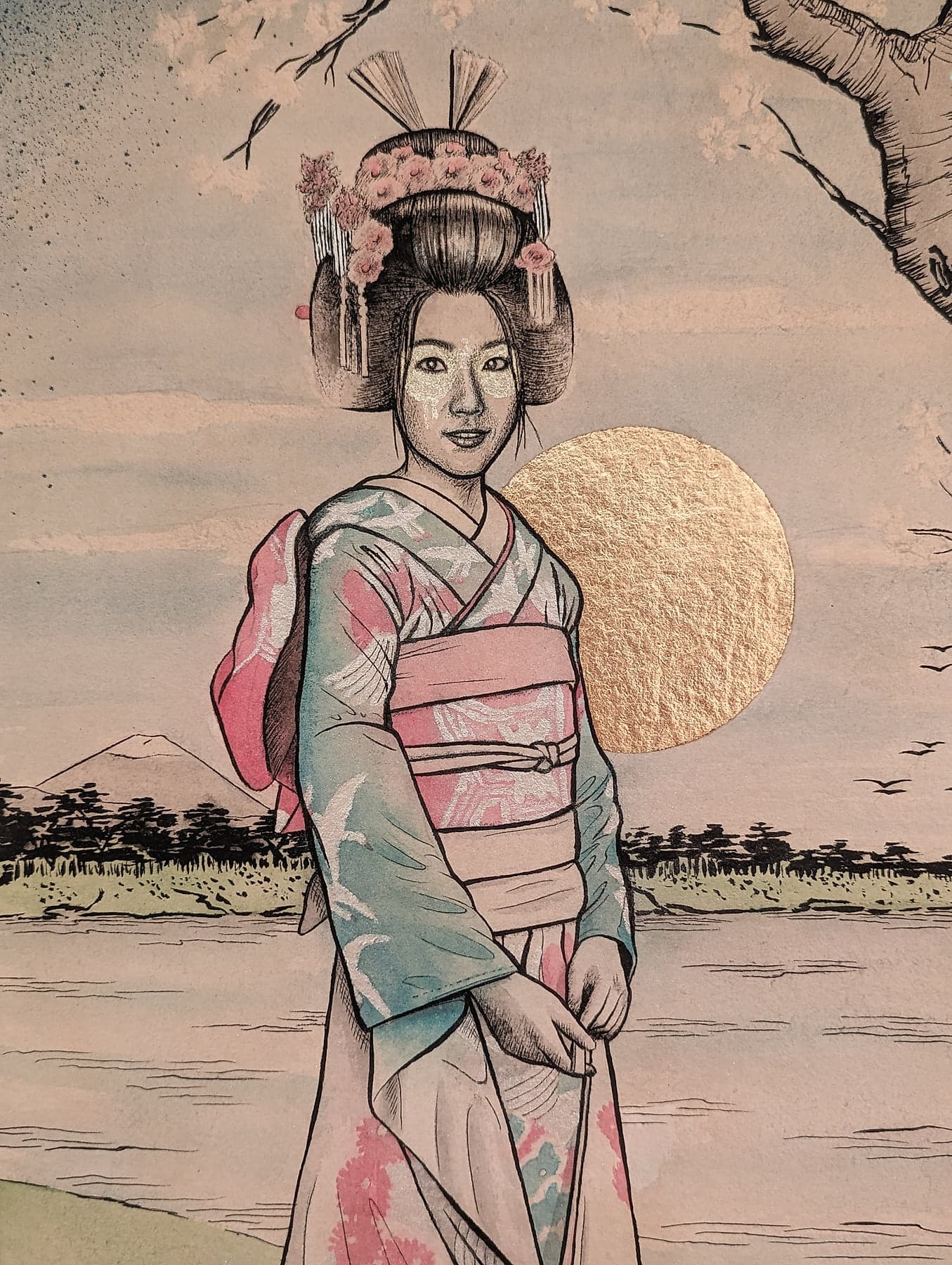 Detail of Fin DAC’s watercolour and Japanese ink portrait of Rieko, showing the gold leaf sun, the cherry branch and the metallic mask across the eyes