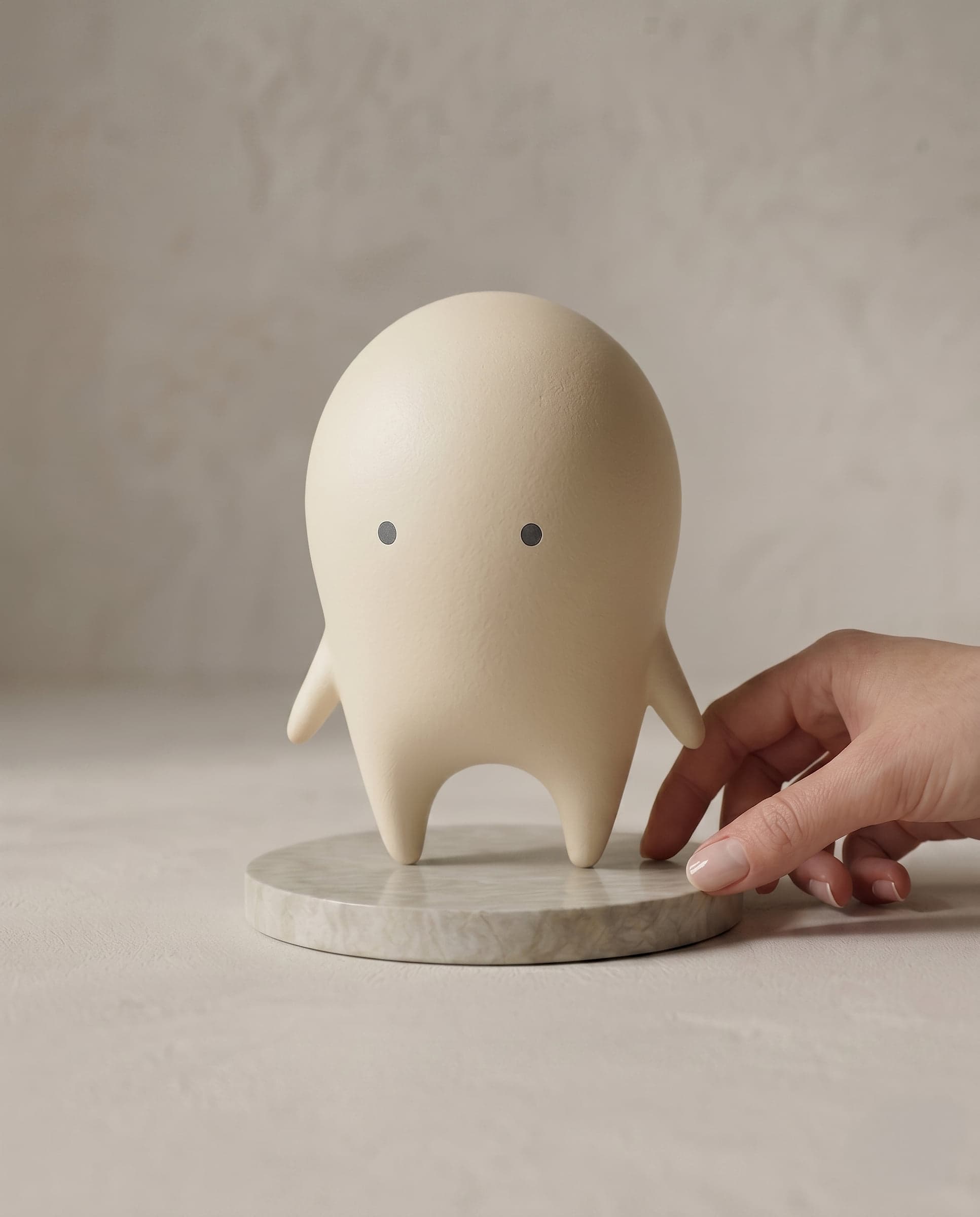 Auwa figure on a marble disc, a hand reaching in to touch it