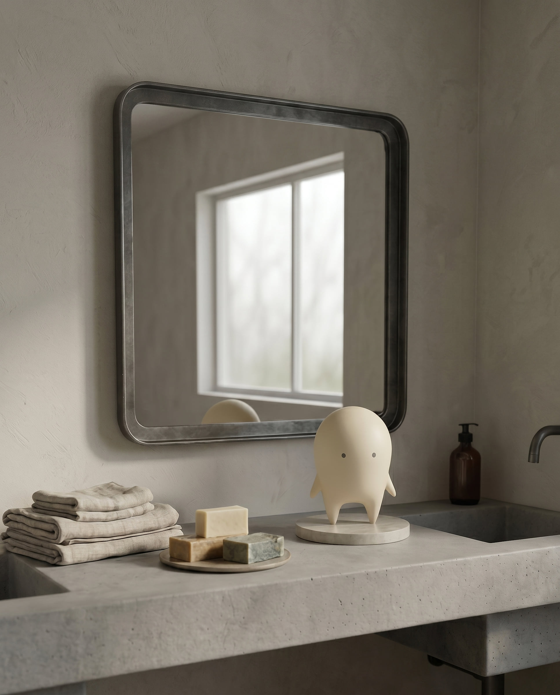 Auwa figure on a stone bathroom counter, in front of a mirror