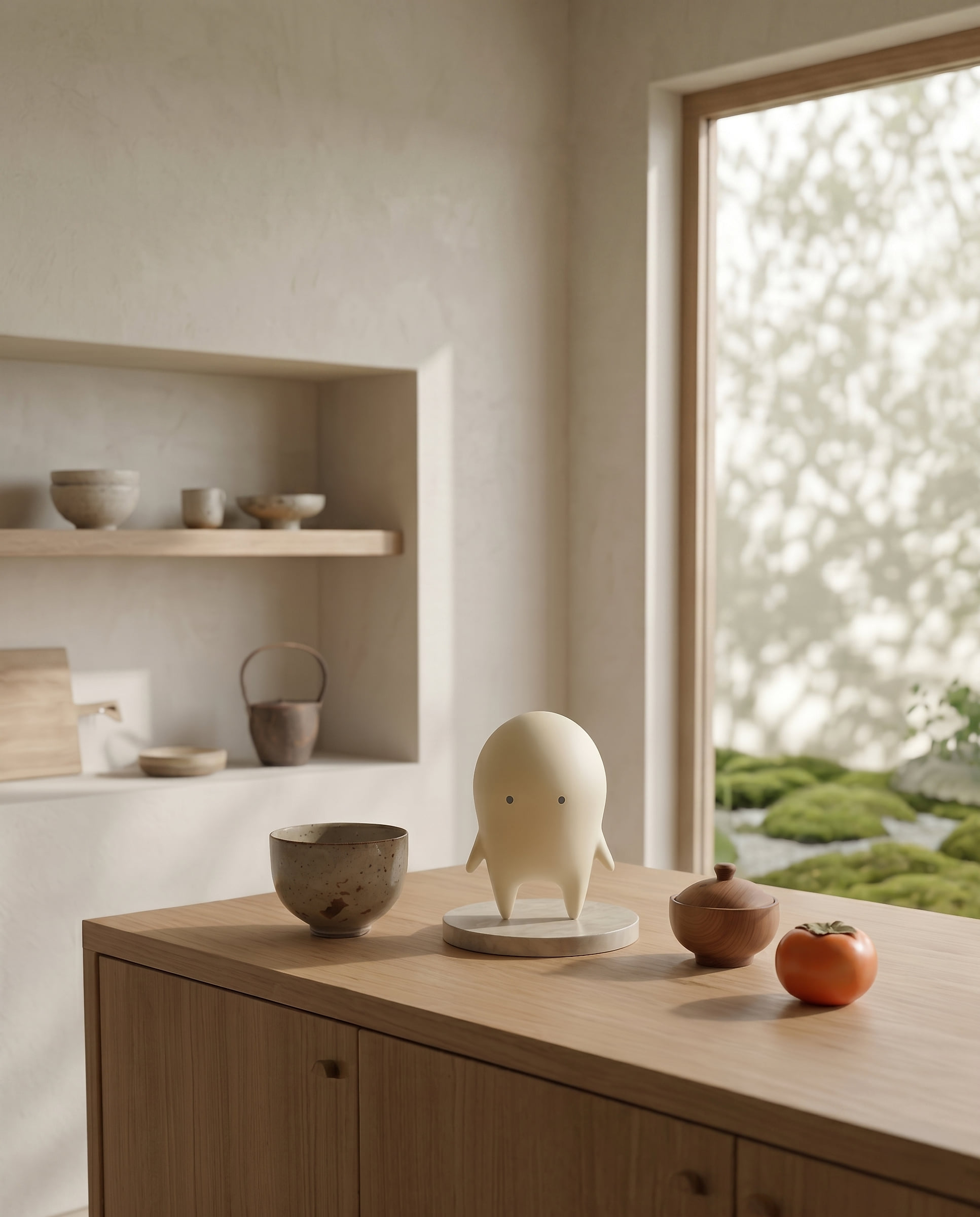 Auwa figure on a wooden kitchen counter beside a ceramic bowl and persimmon