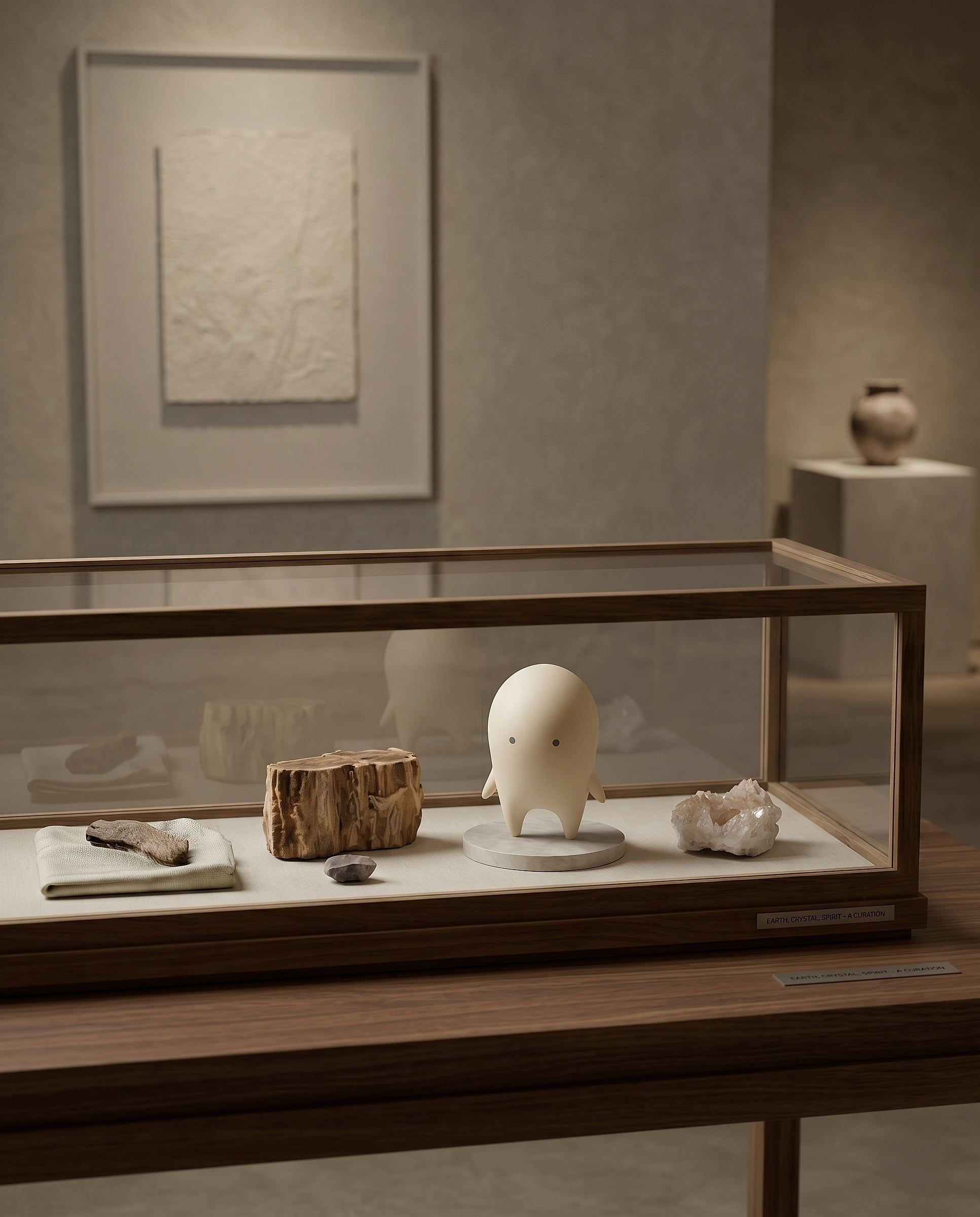 Auwa figure inside a museum vitrine beside fossilised wood and minerals