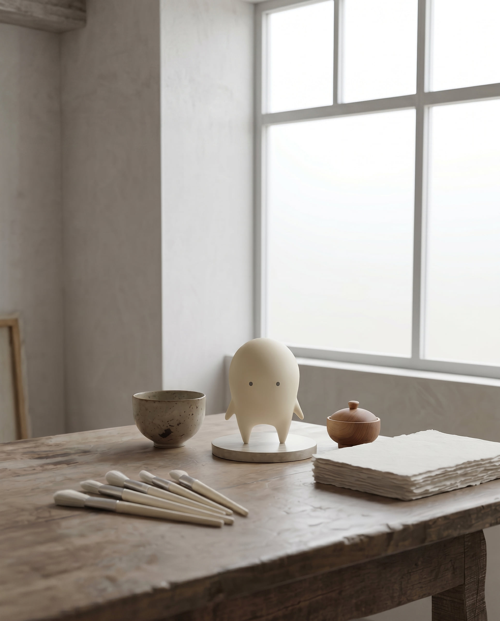 Auwa figure on an old wooden table by a misty window, beside washi paper