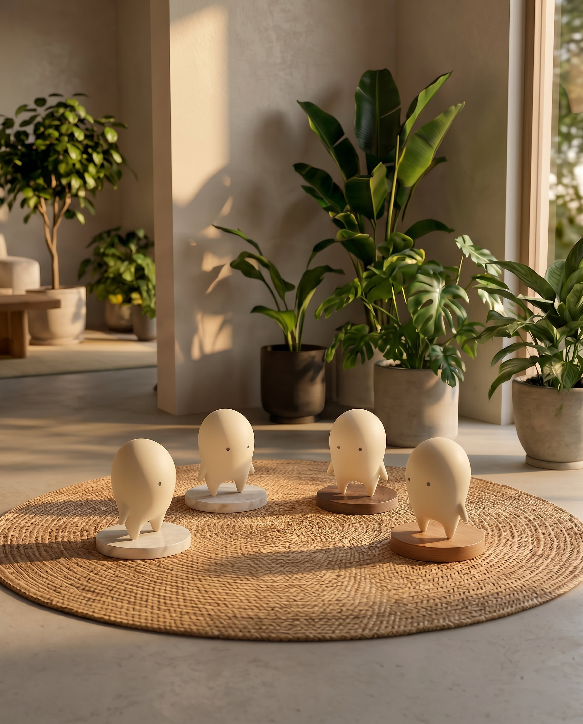 Four Auwa figures gathered on a woven rug, surrounded by plants in afternoon light