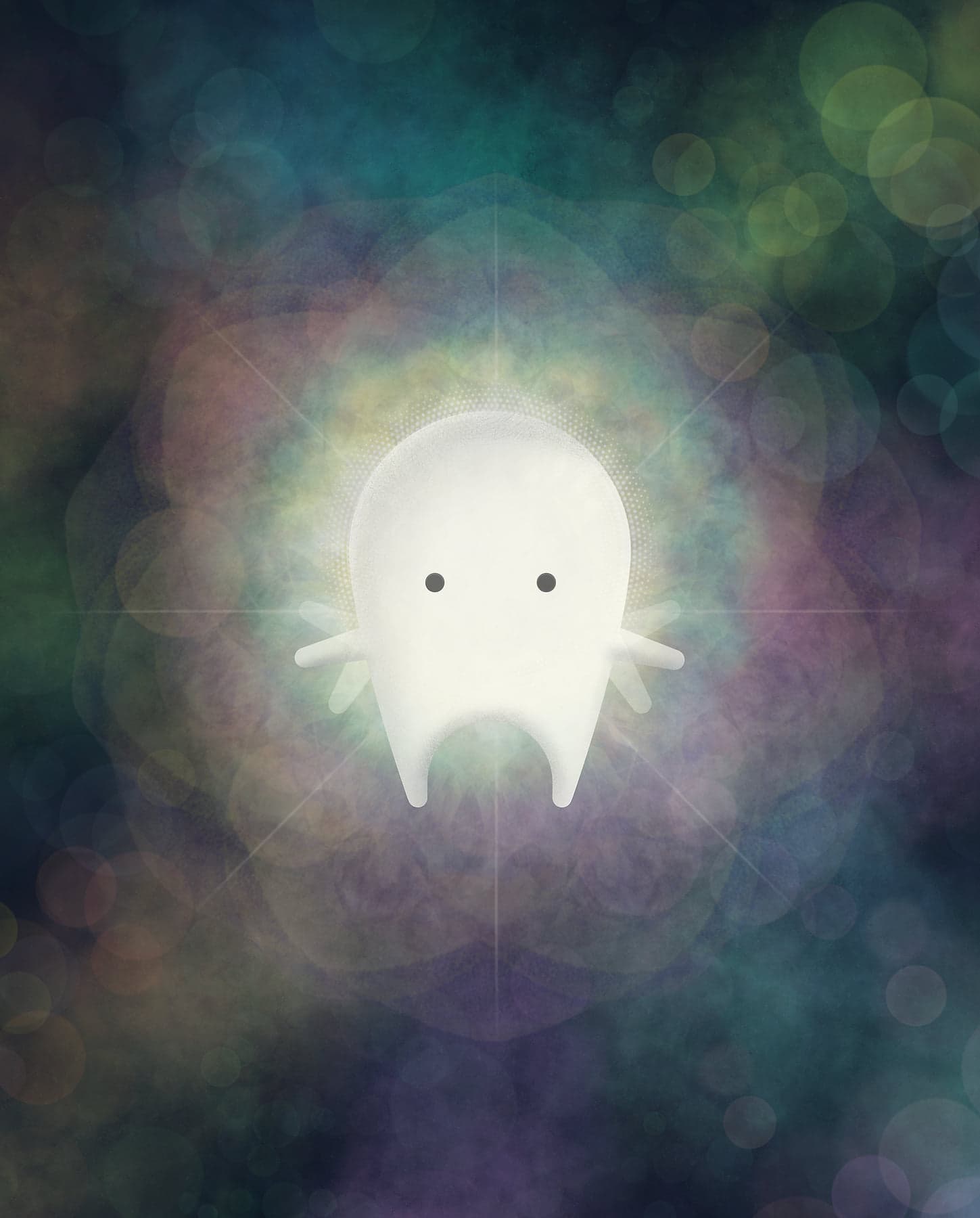 Auwa, a small luminous being with two dark eyes, glowing with soft rainbow light against a deep cosmic background of teal, purple, and gold