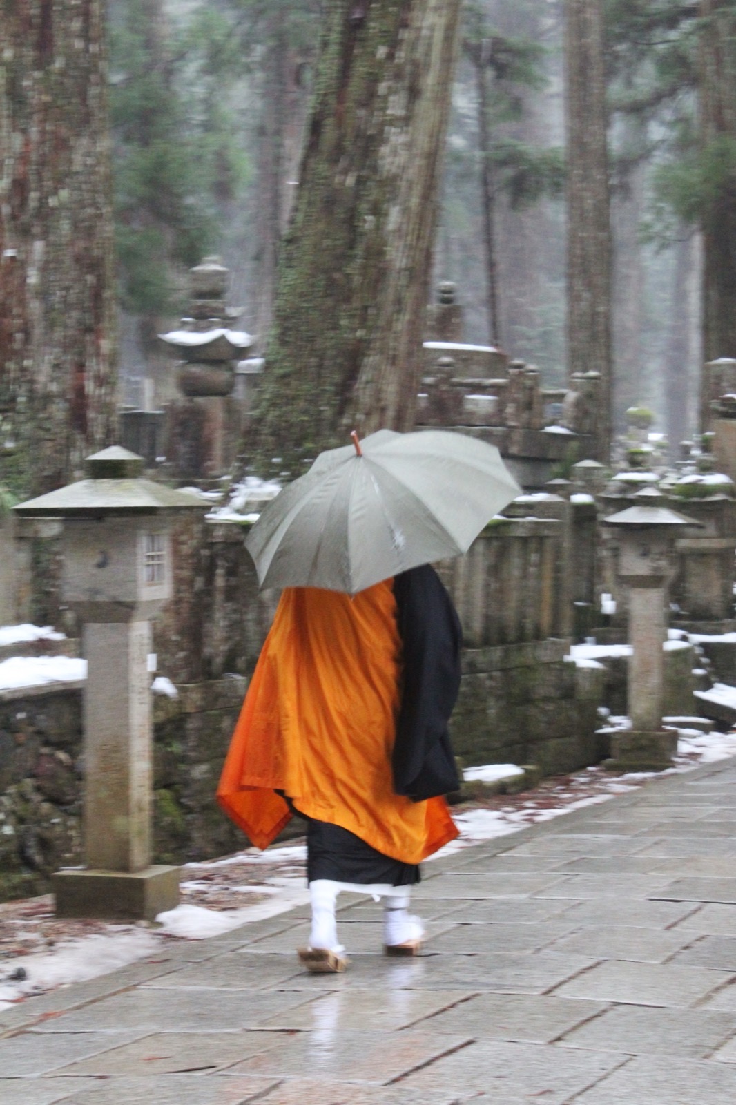 A monk in orange kesa and black robes walking with a clear umbrella through Okunoin cemetery in light rain, stone lanterns and cedars on either side